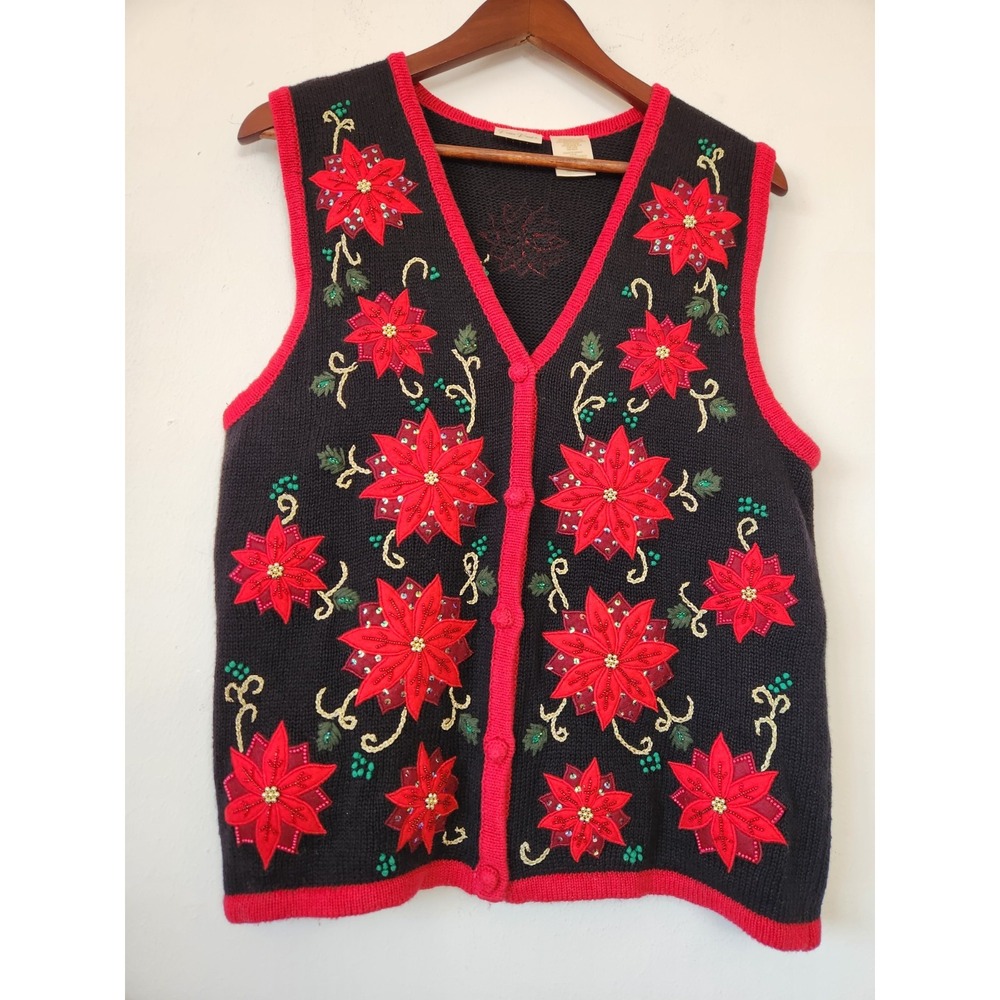 Vintage 90s Bobbie Brooks Christmas Sweater Vest L Poinsettia Grandmacore Beaded